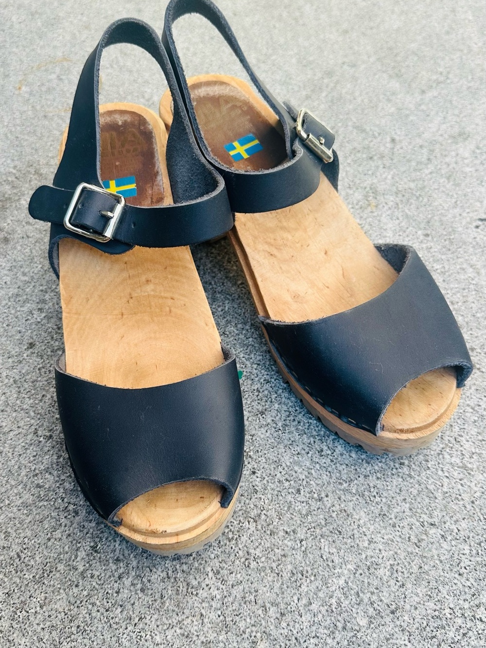 MIA Black Leather Wood Platform Slingback Sandals